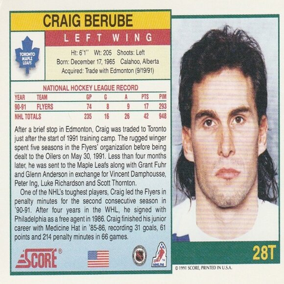 Craig Berube - 1991 Score '91 Hockey Card - Picture 2 of 2